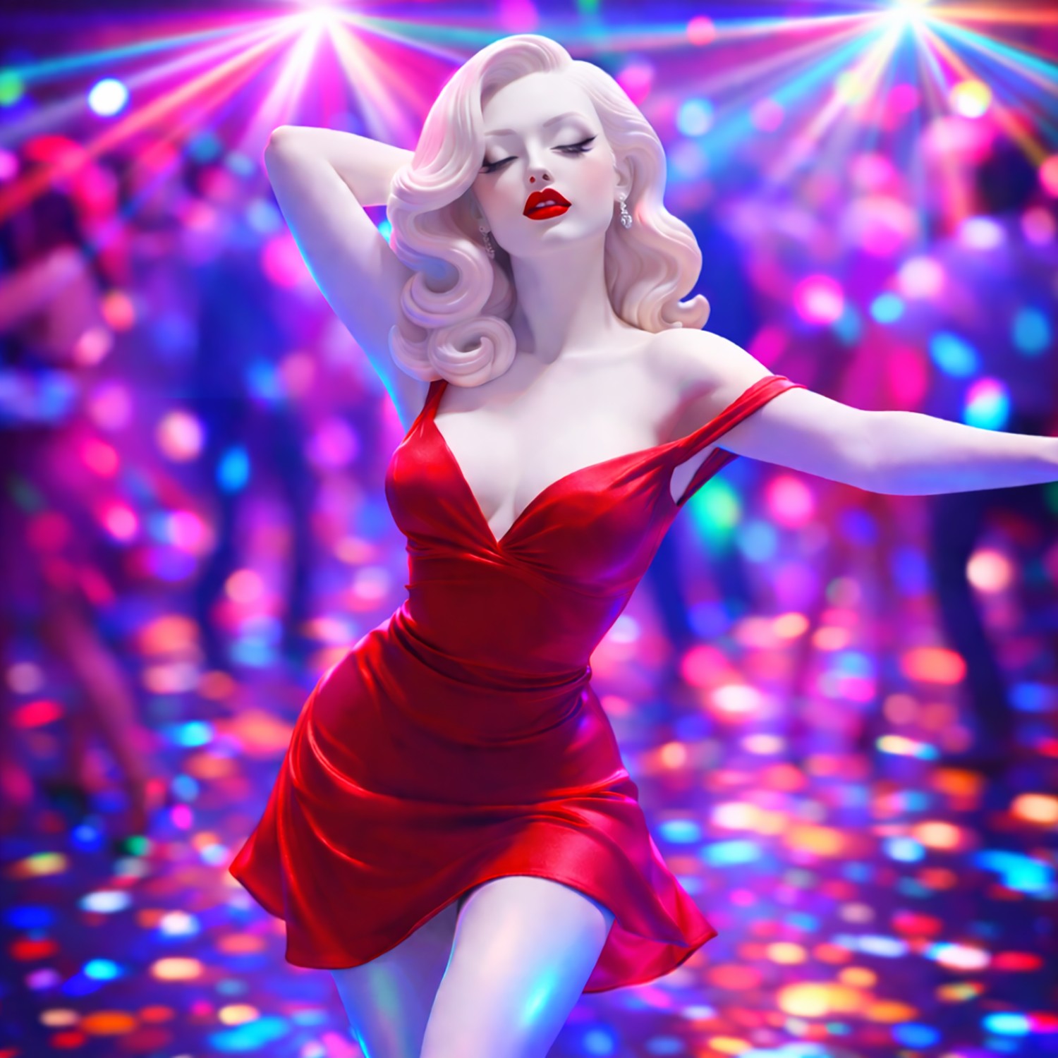 Glamorous pop performer inspired artwork in a red dress under colorful nightclub lights